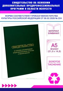 Свидетельство об освоении дополнительных предпрофессиональных программ в области искусств, А5, зеленый бумвинил (Приказ Минкультуры РФ от 09.02.2026 №