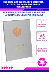 Обложка для школьного аттестата. Аттестат об основном общем образовании, А5, серый бумвинил
