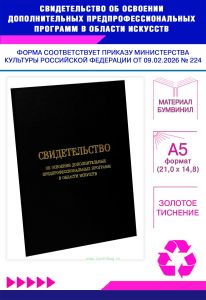Свидетельство об освоении дополнительных предпрофессиональных программ в области искусств, А5, черный бумвинил (Приказ Минкультуры РФ от 09.02.2026 №