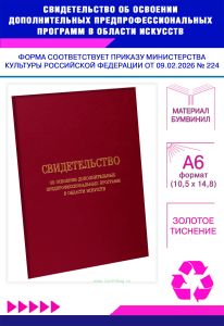 Свидетельство об освоении дополнительных предпрофессиональных программ в области искусств, А6, бордовый бумвинил (Приказ Минкультуры РФ от 09.02.2026
