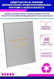Свидетельство об освоении дополнительных предпрофессиональных программ в области искусств, А6, серый бумвинил (Приказ Минкультуры РФ от 09.02.2026 № 2