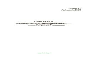 Рабочая ведомость по отправке стрелкового оружия (боеприпасов) из войсковой части