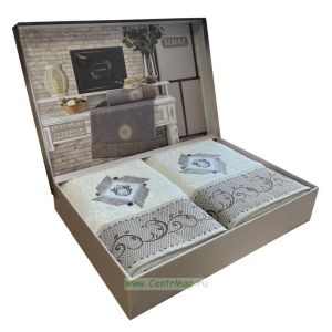 Набор махровых полотенец Rebeka в кейсе, белый, коричневая вышивка