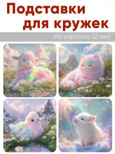 Подставки для кружек Питомцы фей, 4 шт (10 х 10 см), картон