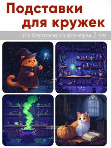 Подставки для кружек Ведьмин быт, 4 шт (10 х 10 см), березовая фанера