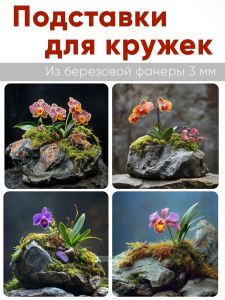 Подставки для кружек Орхидеи, 4 шт (10 х 10 см), березовая фанера