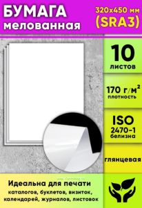 Бумага мелованная, глянцевая, белая, 170 гм2, 320 x 450 мм (SRA3), 10 листов