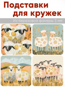 Подставки для кружек Милые барашки, 4 шт (10 х 10 см), березовая фанера