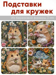 Подставки для кружек Вышитые истории Хомячки, 4 шт (10 х 10 см), березовая фанера