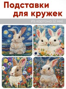 Подставки для кружек Вышитые истории Зайчики, 4 шт (10 х 10 см), картон