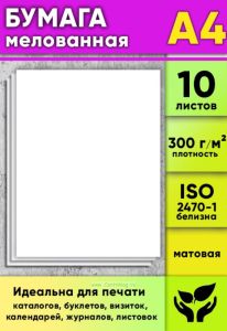 Бумага мелованная, матовая, белая, 300 гм2, А4, 10 листов