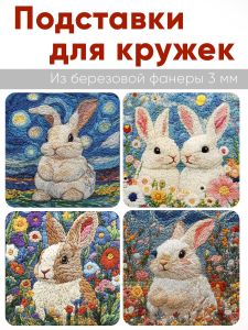 Подставки для кружек Вышитые истории Зайчики, 4 шт (10 х 10 см), березовая фанера