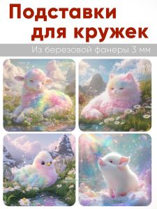 Подставки для кружек Питомцы фей, 4 шт (10 х 10 см), березовая фанера