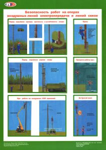 Плакат Безопасность работ на опорах воздушных линий электропередачи и линий связи (ламинат)