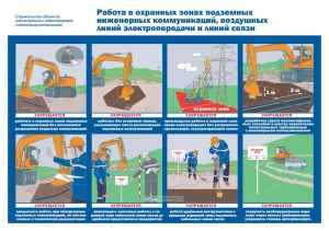Плакат Работа в охранных зонах подземных инженерных коммуникаций, воздушных линий электропередачи и линий связи