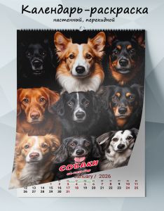 Календарь-раскраска настенный, перекидной Собаки на 2026 год