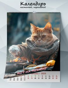 Календарь настенный, перекидной Кот на рыбалке: Календарь рыбацких приключений на 2025 год
