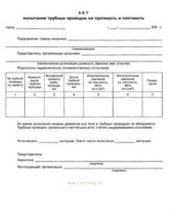 Акт испытания трубных проводок на прочность и плотность