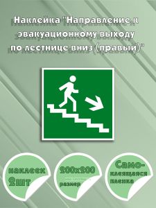 Наклейка Направление к эвакуационному выходу по лестнице вниз (правый) 20 х 20 см