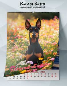 Календарь настенный, перекидной Строгий доберман на 2026 год
