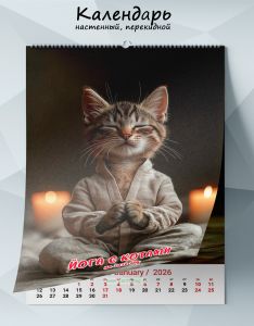Календарь настенный, перекидной Йога с котами на 2026 год