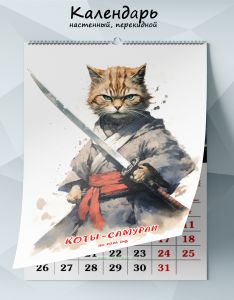 Календарь настенный, перекидной Коты-самураи на 2026 год