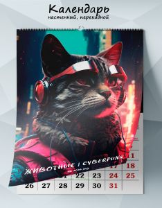 Календарь настенный, перекидной ЖивотныеCyberpunk на 2026 год