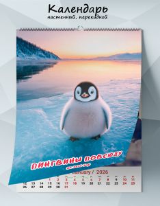 Календарь настенный, перекидной Пингвины повсюду на 2026 год