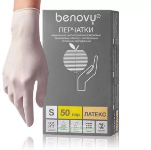 Перчатки латексные опудренные белые, 100 шт в упаковке (Benovy, размер S)