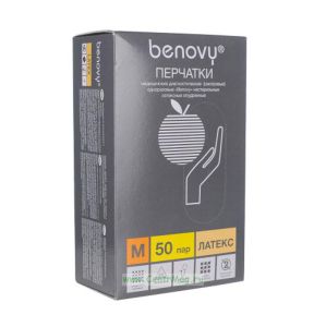 Перчатки латексные опудренные белые, 100 шт в упаковке (Benovy, размер M)