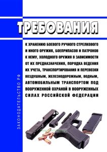 Требования к хранению боевого ручного стрелкового и иного оружия, боеприпасов и патронов к нему, холодного оружия в зависимости от их предназначения, порядка ведения их учета, транспортирования и перевозки воздушным, железнодорожным, водным, автомобильным транспортом под вооруженной охраной в Вооруженных Силах Российской Федерации 2025 год. Последняя редакция